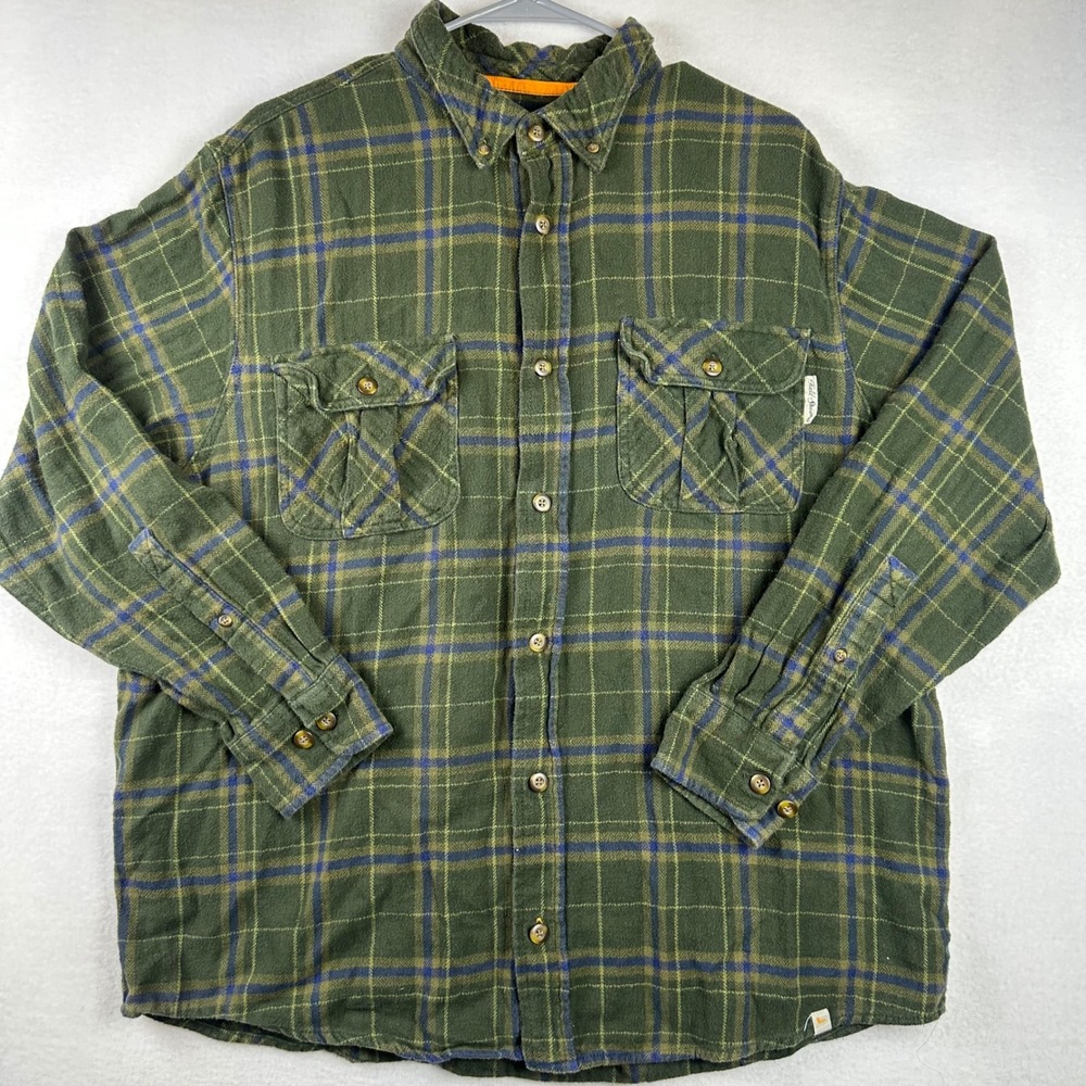 Field Stream Flannel Shirt Mens XL Green Plaid Cotton Heavyweight Outdoorsy